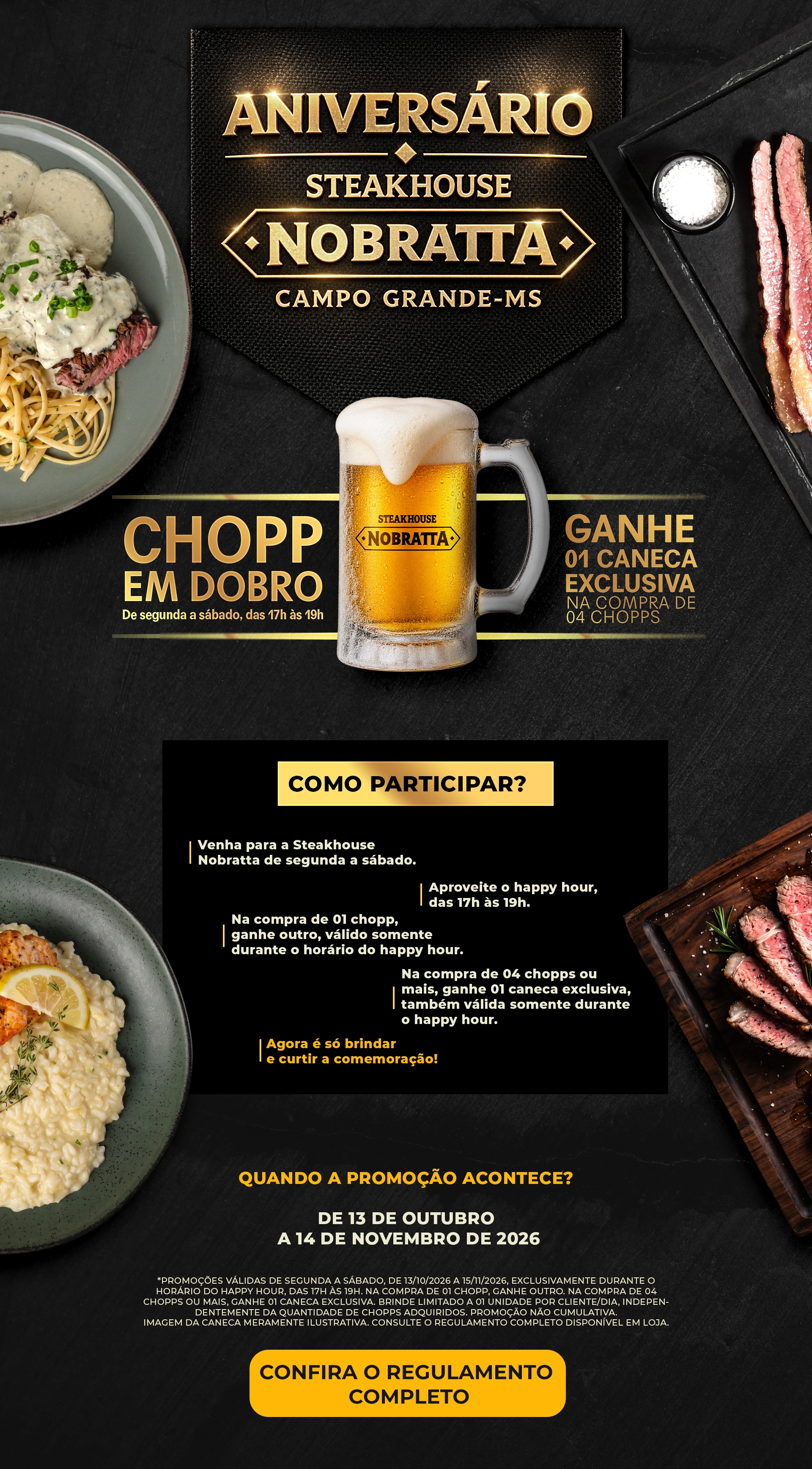 Arte do aniversário da Steakhouse Nobratta, em Campo Grande/MS. As informações da promoção estão disponíveis na versão em texto para leitores de tela.